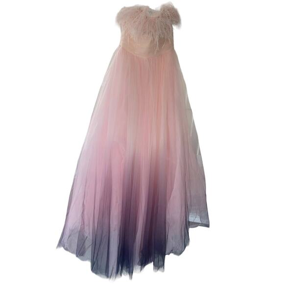 Mac Duggal 20557 Feather Strapless Tulle Ombre Dress Princess Gown - Picture 2 of 6